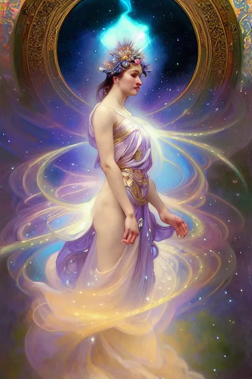 Image similar to Full view realistic ethereal stunning Celestial Goddess of cosmic nebula in a beautiful dress, 4k digital painting masterpiece by Mandy Jurgens and Ruan Jia, ornate Iconography background in the style of Alphonse Mucha, tarot card, amazing, magnificent, mystical, Hyperdetailed, award winning art, Ross Tran, wlop, Artgerm, Craig Mullins, detailed and realistic, soft lighting, intricate details, realistic, full view, Artstation, CGsociety