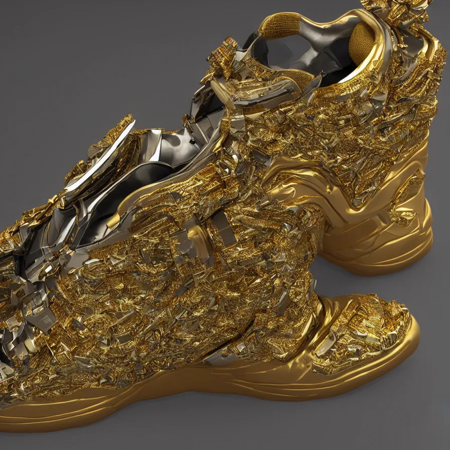 Image similar to futuristic balenciaga sneakers, nft art, highly detailed, hyper realistic, a ton of bussdown iced gold bling in wallace & gromit strata - cut claymation, ultra realistic, concept art, intricate details, serious, highly detailed, photorealistic, octane render, 8 k, unreal engine