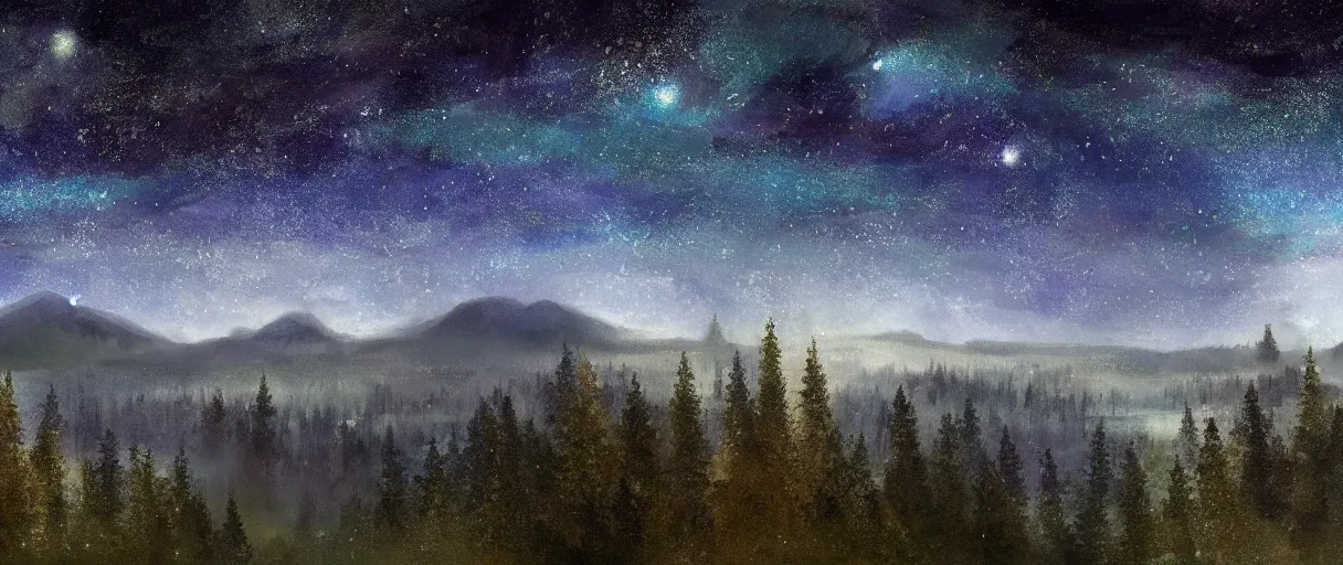 Image similar to digital painting of a ultra detailed night sky with constellations, very beautiful girl swimming in a blue pool, detailed water ripples, Perseides meteor shower, ultra detailed hill top over behind a forest, large mountains in back, concept art, low angle, high detail, warm lighting, volumetric, godrays, vivid, beautiful, trending on artstation, by Jordan Grimmer, no focus, huge scene, ultra detailed trees, F11 aperture, in the style of ALBERT BIERSTADT