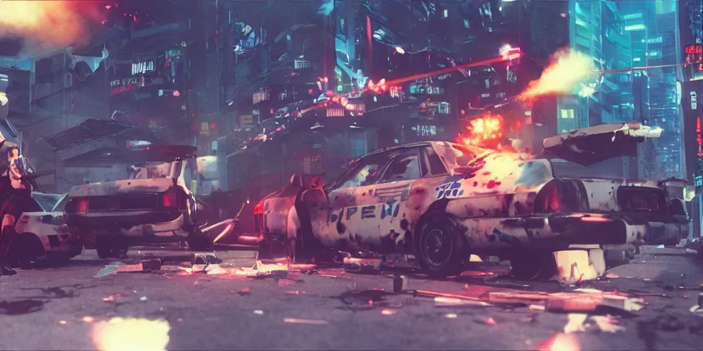 Image similar to 1991 Video Game Screenshot, Anime Neo-tokyo Cyborg bank robbers vs police shootout, bags of money, Police officer hit, Bullet Holes and Blood Splatter, Hostages, Smoke Grenade, Sniper, Chaotic, Cyberpunk, Anime VFX, Machine Gun Fire, Violent, Action, Fire fight, FLCL, Free-fire, Highly Detailed, 8k :4 by Katsuhiro Otomo + Studio Gainax + Arc System Works : 8