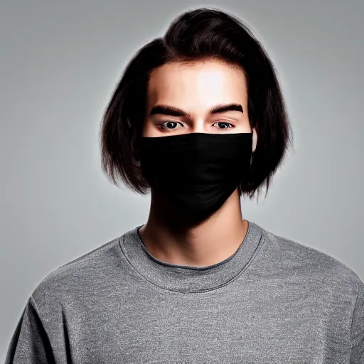 Image similar to professional digital art of a young adult man with slightly long hair wearing a black face mask and a form-fitting dark sweatshirt, high quality, HD, 8K, highly detailed, award-winning, fancy apartment