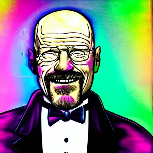 Image similar to portrait of walter white in a tuxedo, laughing in a modern night club, neon lights