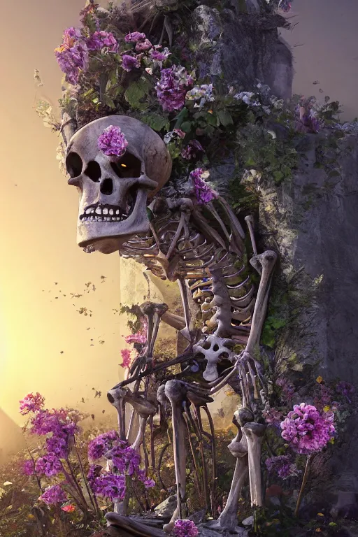 Image similar to a human skeleton full of flowers sitting in a destroyed and ruined throne in a ruined castle at sunrise, concept art, octane render, unreal engine 5, trending on Artstation, high quality, 8K, soft lighting, trending on DeviantArt, highly detailed, digital art, hyperrealistic, path traced, godrays, complementary colors, natural lighting, anatomically correct, five fingers