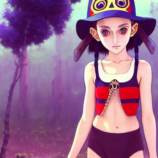 Image similar to beautiful boyish natalie portman gravure model in majora's mask, wearing wooden mask and baseball cap and leotard, street wear with subtle mayan patterns, aztec bathing suit, gapmoe yandere grimdark, trending on pixiv fanbox, painted by greg rutkowski makoto shinkai takashi takeuchi studio ghibli, akihiko yoshida