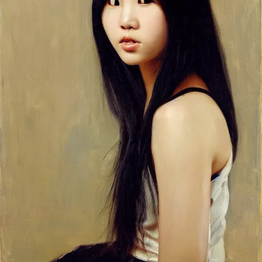 Image similar to portrait of a beautiful korean girl with long hair and bangs, an angry expression, wearing a tuxedo, oil on canvas, elegant pose, masterpiece, Jonathan Yeo painting