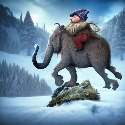 Prompt: A small gnome riding on a huge Mammoth in a snowy landscape, photorealistic