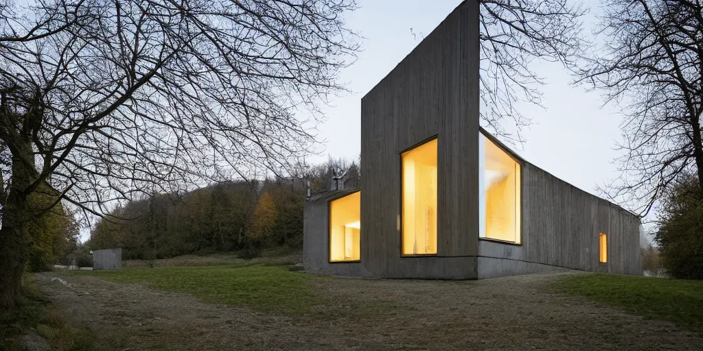 Image similar to a house by the river rhein close to mumpf designed by peter zumthor, beautiful ambient light, silver hour