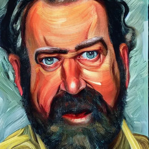 Prompt: uhd photorealisitc high quality high detail painting by lucian freud, exaggerated portrait of billy mays as the devil, studio lighting