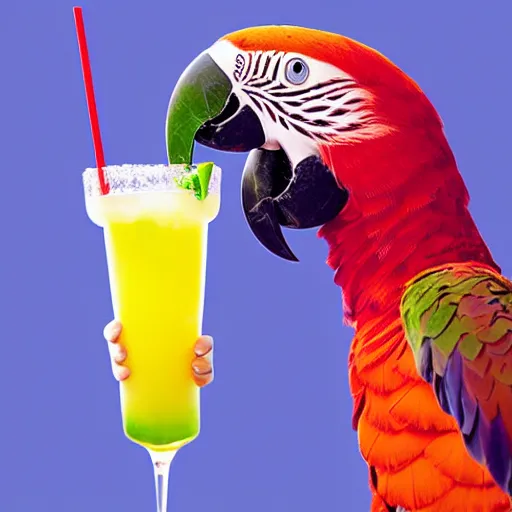 Prompt: A portrait photo of a parrot sipping a fruity drink through a straw, real photo , 8k, Very real