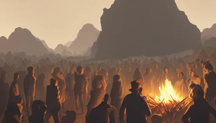 Image similar to a beautiful highly detailed matte painting of a crowd lighting a bonfire outside the cave, punk styling by atey ghailan, cliff chiang, loish and goro fujita, yellow, brown, black and grey mystical tones, featured on artstation, featured on behance, grunge aesthetic