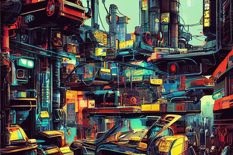 Image similar to auto repair shop in a neo - tokyo alleyway in cyberpunk style by vincent di fate