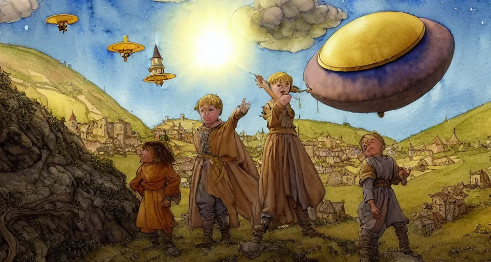 Prompt: a hyperrealist watercolor concept art of an elegant golden ufo in the sky above a small medieval town. one dirty medieval peasant child is in the foreground pointing up at the sky. very muted colors, by rebecca guay, michael kaluta, charles vess. high detail, hq, wide shot, 4 k