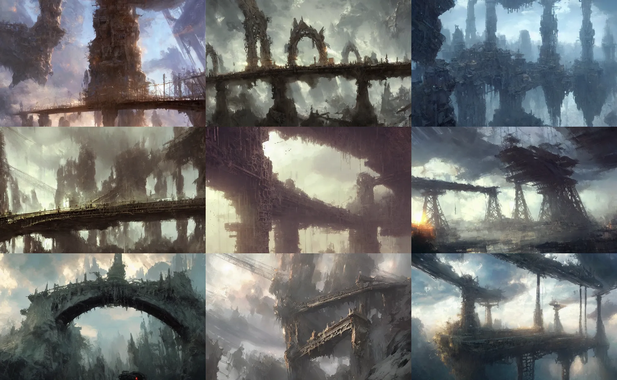 Prompt: giant ancient towers poke out of the clouds, connected with suspended bridge!!!!!, hanging bridge!!, huge distance, by craig mullins, by ruan jia!, ( ( dr sues ) ), cold, dramatic lighting