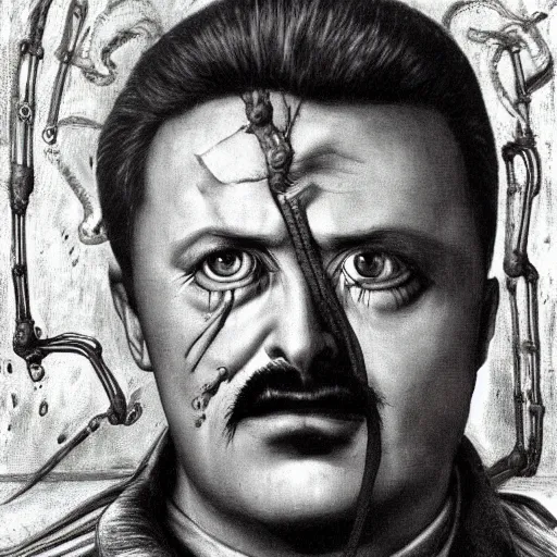 Prompt: Portrait by H.R.Giger of Igor Ivanovich Strelkov very degraded Abomination, photo-realistic, 2K, highly detailed, bodyhorror