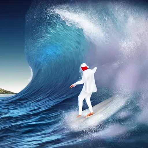 Prompt: photo of a high skilled wave surfing catholic priest with white clothes on the red sea. high detail unreal engine