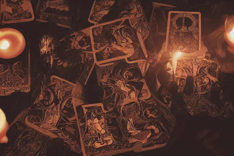 Prompt: Closeup of tarot cards on a table, victorian magic seance with ghosts in an ornate dimly lit room at night, octane