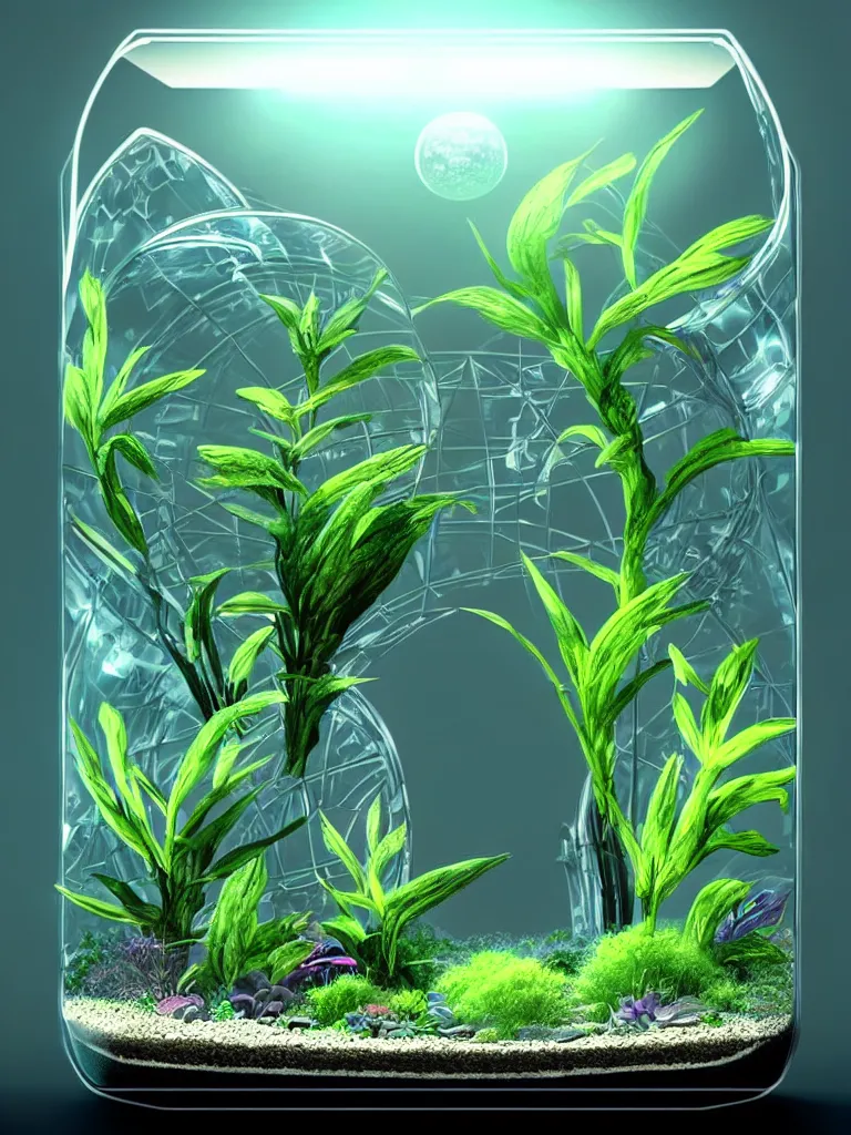 Image similar to concept art. illustration. sci - fi. plants from a different planet in a terrarium. high sci - fi. holographic, beautiful, ethereal