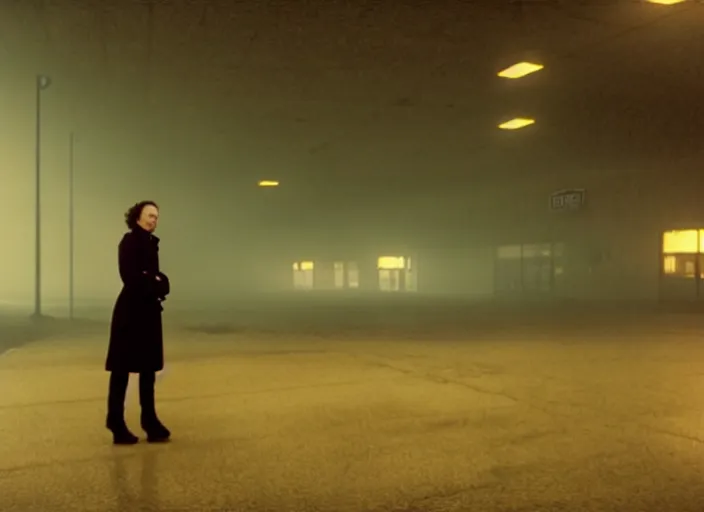 Image similar to cinematic screenshot high wide angle shot of olivia coleman standing outside in a foggy desolate eerie department store empty parking lot, one car, paranoia everywhere, scene from the tense thriller film directed by spike jonze, volumetric hazy lighting, anamorphic lens, moody cinematography, 3 5 mm kodak color ektochrome