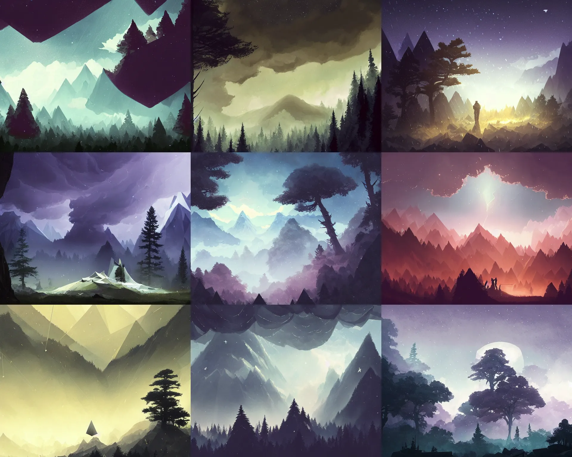 Prompt: polygonal mountainrange with giant tress and stormy sky showing the stars and hanging silk drapery and tapestries on ground, light dust, magnificent, close up, details, sharp focus, elegant, highly detailed, illustration, by Jordan Grimmer and greg rutkowski and PiNe(パイネ) and 薯子Imoko and 香川悠作 and wlop and maya takamura, intricate, beautiful, Trending artstation, pixiv, digital Art