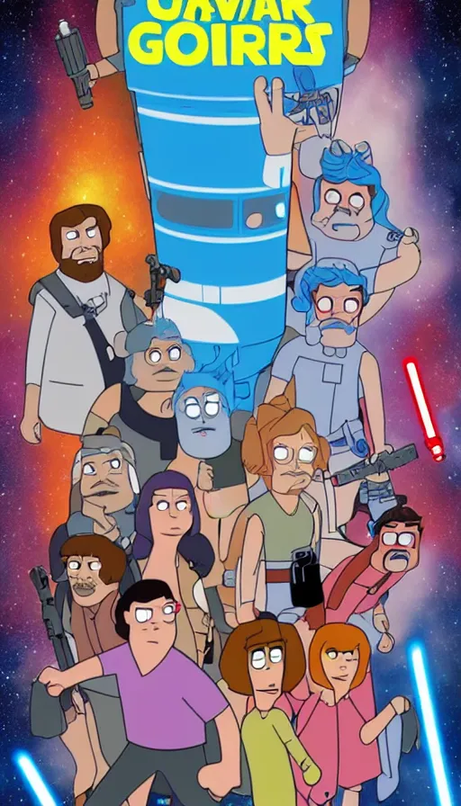 Image similar to movie poster bobs burger cast in star wars, highly detailed, hyper realistic, large text, bright colours