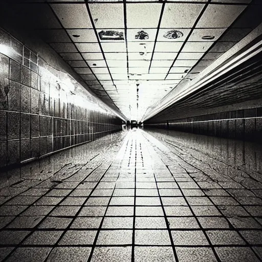 Image similar to flooded subway liminal space, uneasy, old signage, pristine tiling, foreboding, trending on / r / creepy