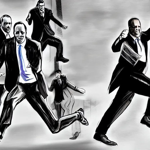 Image similar to Scared and frantic Alex Jones running from men in suits, digital painting, hype realistic, trending on art station