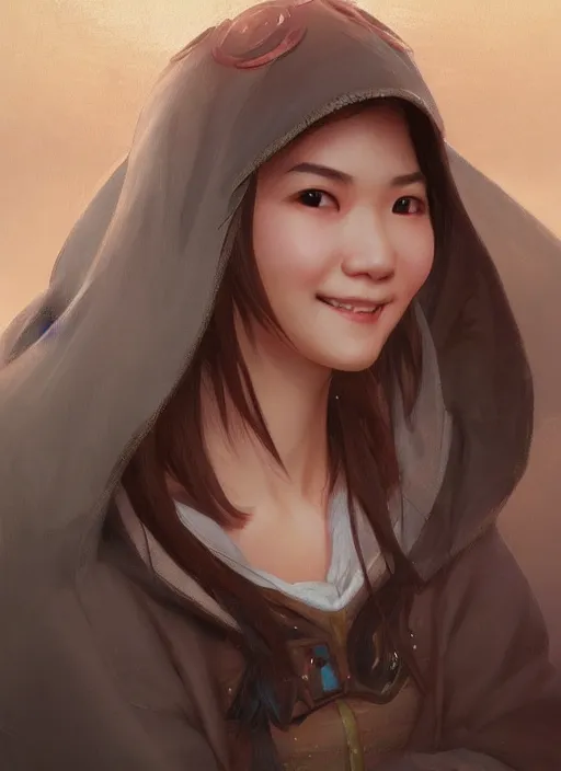 Prompt: Close-up portrait of smiling young asian woman wearing hood, portrait, highly detailed, digital painting, artstation, concept art, sharp focus, illustration, art by artgerm and greg rutkowski and alphonse mucha