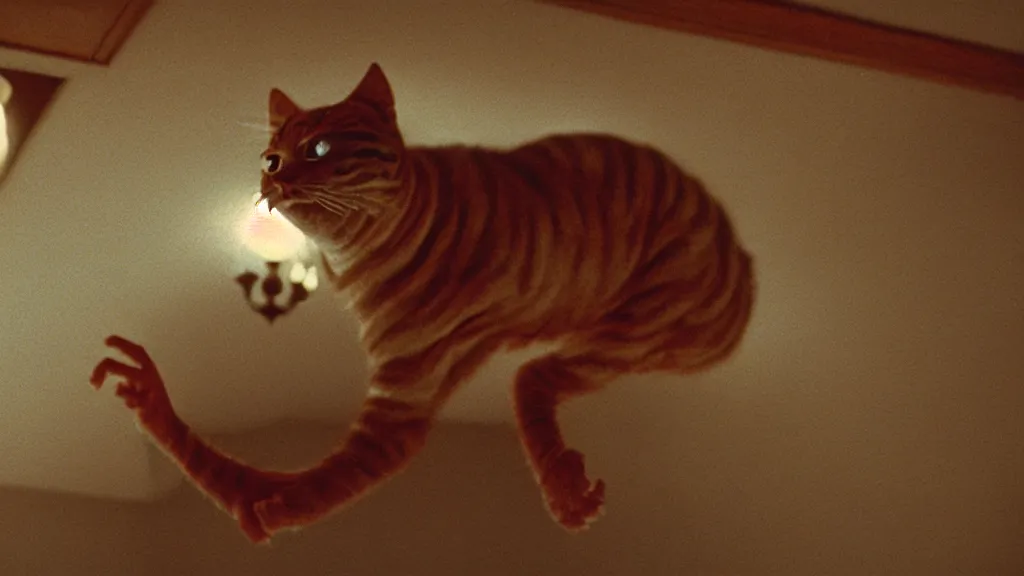 Image similar to a strange Garfield crawls on the living room ceiling, film still from the movie directed by Wes Anderson with art direction by Zdzisław Beksiński, wide lens