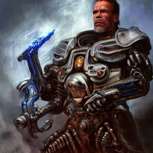 Prompt: A cyborg Arnold Schwarzenegger as the tyrant emperor of the universe. Trending on ArtStation. A vibrant digital oil painting. A highly detailed fantasy character illustration by Wayne Reynolds and Charles Monet and Gustave Dore and Carl Critchlow and Bram Sels