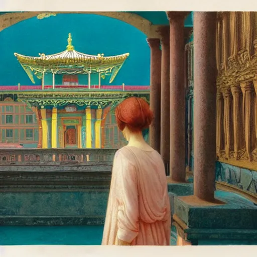 Image similar to a girl lost in a temple, film still by wes anderson, depicted by leon battista alberti, limited color palette, very intricate, art nouveau, highly detailed, lights by hopper, soft pastel colors, minimalist