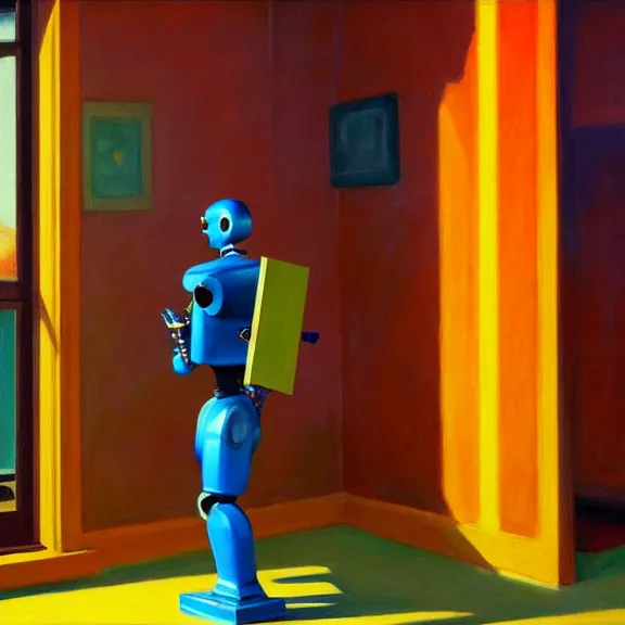 Image similar to beautiful illustration of a robot painting an artwork on a canvas with a paintbrush by Edward Hopper, colorful octane render