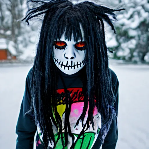 Prompt: black Emo scene girl with long rainbow hair with Jack skellington hoodie looking up at snow 35mm