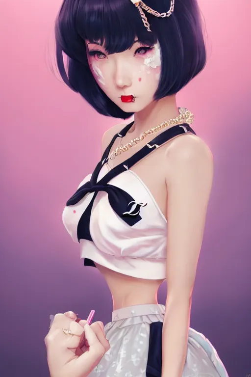 Image similar to a pin up and beautiful fashion dreamlke japan girl with lv jewelry, character art, art by artgerm and wlop and and ilya kuvshinov, hyperdetailed, 8 k realistic, symmetrical, frostbite 3 engine, cryengine, dof, trending on artstation, digital art, chanel, dior, fantasy background