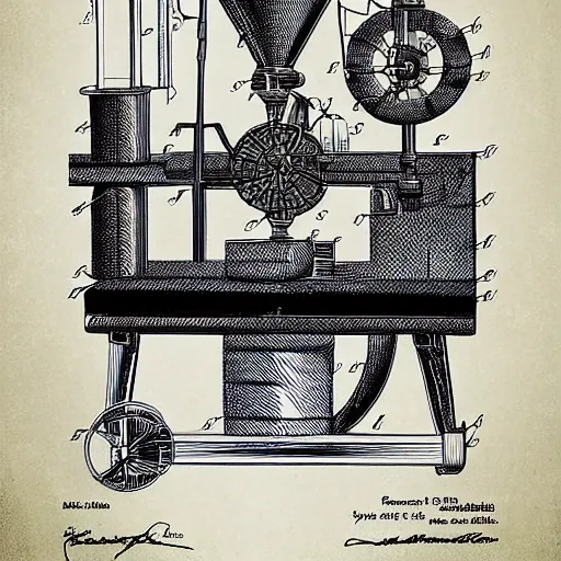 Image similar to plans for a horse - drawn coffee mill in the style of thomas edison. patent filing. detailed. hd