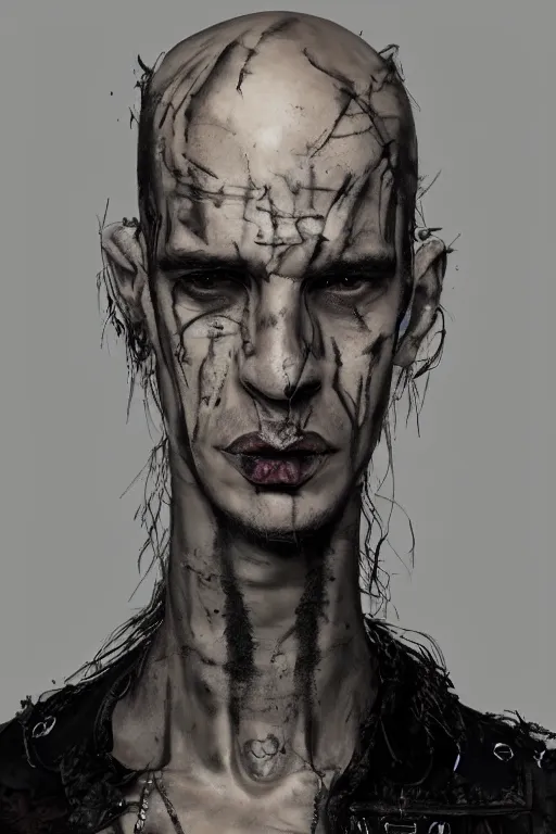 Image similar to a rough ugly young man, shaved head, gothic, tattered leather coat, intricate, elegant, dramatic lighting, ugly face, highly detailed, lifelike, photorealistic, digital painting, artstation, illustration, concept art, smooth, sharp focus, art by John Collier and Albert Aublet and Krenz Cushart and Artem Demura and Alphonse Mucha