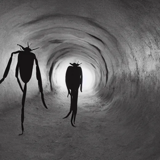 Prompt: cinematic photo of humans wearing realistic ant costumes in an underground unfinished dirt tunnel. several tunnel exits lead off in different directions. directed by david lynch. 3 5 mm film soft light, shadows, vhs copy film grain.