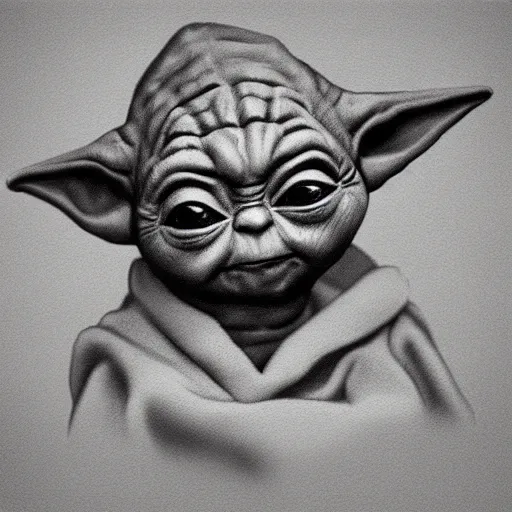 Image similar to Leonardo DaVinci grayscale pencil sketch of low polygon cute baby yoda