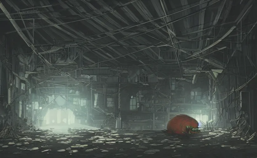 Image similar to a huge bio - monster hidding in a mess warehouse, crystal lights, resident evil, sci - fi atmosphere, cel - shading, cinematic, artstation, studio ghibli, miyazaki, highly details