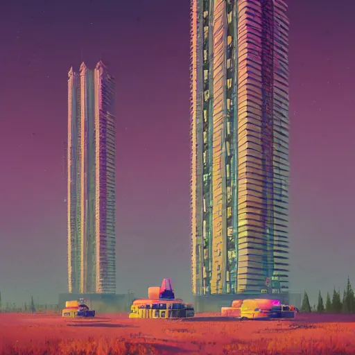 Image similar to tall futuristic buildings by Yusei Uesugi and Simon Stålenhag