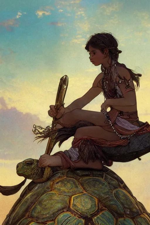 Prompt: a little warrior girl sitting on top of a giant turtle that is walking in the desert, seen from a distance. the girl is fully visible and has dark skin and beautiful green eyes, realistic full body and a very beautiful detailed face with long black hair. diffuse light, dramatic sky and landscape, fantasy illustration by mucha