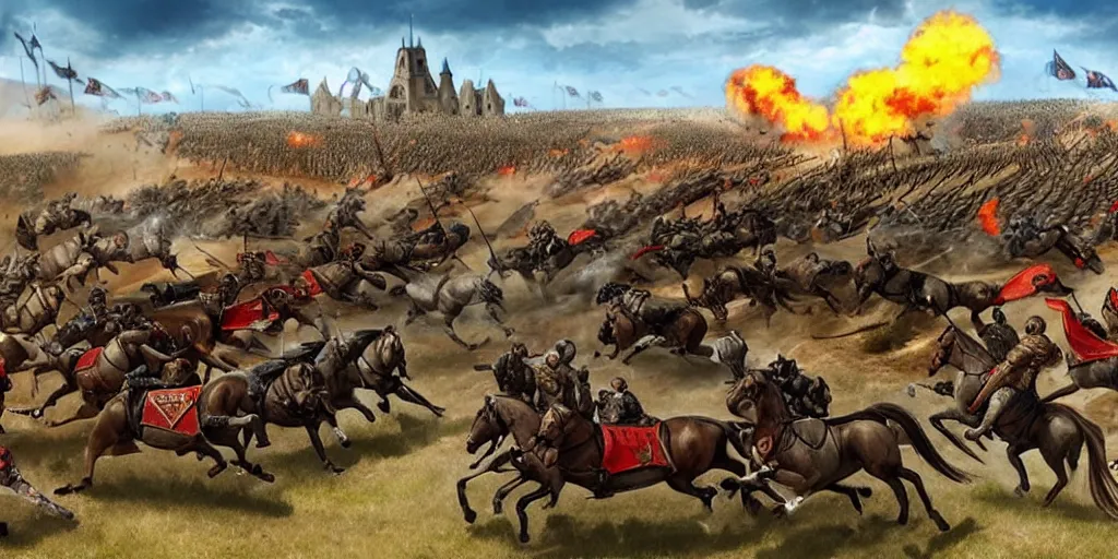 Image similar to medieval battlefield filled with cavalry fleeing from monster trucks!!!