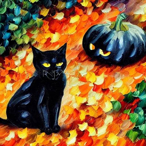 Image similar to black cat sitting on! dream halloween pumpkins in a pile of autumn leaves detailed painting in the style of leonid afremov 4 k