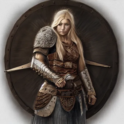 Image similar to viking shield maiden, painted by othon nikolaidis. 4 k, 8 k, hyper detailed, concept art master work, trending on artstation, beautiful, gorgeous, mythic, dramatic lighting,