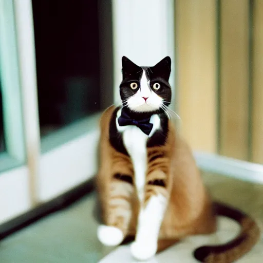 Prompt: cute cat wearing business suit on an office, kodak portra 4 0 0 color negative film