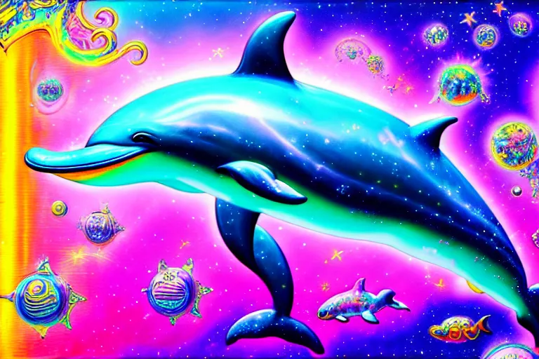 Image similar to lisa frank illustration of rebulon the ancient dolphin demon, by lisa frank and giger, masterpiece concept art, 8 k, intricate detail, cinematic lighting, epic pose, bright colors