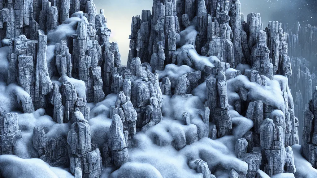 Image similar to the empire of space and time. huashan pines on cliffs. rendered in keyshot. 1 3 ghosts. gnomon workshop, stone ruins snow, icicles.