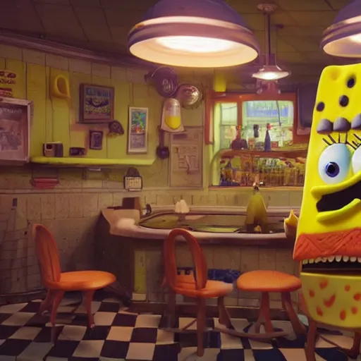 Prompt: hyperrealistic spongebob eating at the krusty krab, stunning 3 d render inspired by istvan sandorfi & greg rutkowski, perfect symmetry, dim volumetric cinematic lighting, 8 k octane comprehensive render, extremely hyper - detailed attributes & atmosphere, intricately proportional, realistic flesh texture, masterpiece, artstation, stunning,