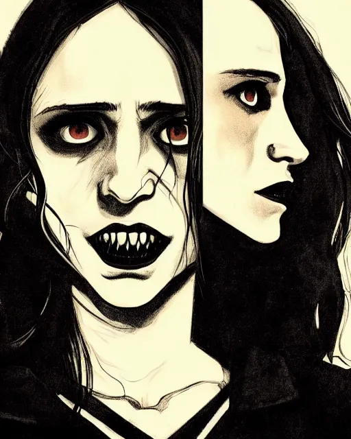 Image similar to in the style of Rafael Albuquerque comicbook art and Joshua Middleton, moody lighting, beautiful evil vampire Taissa Farmiga, sharp vampire fangs, evil smile showing fangs, symmetrical eyes, realistic face, symmetrical face, brown leather jacket, jeans, long black hair, full body