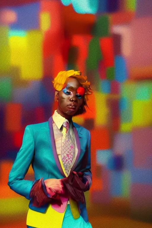 Image similar to a scene with a character wearing a super colorful muted color diy! suit, vivienne westwood!, detailed photoreal render octane render, pointillism, oil on canvas