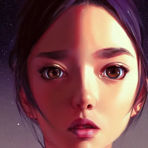 Image similar to A potrait of an alien with big and cute eyes, fine-face, realistic shaded perfect face, fine details. Night setting. Very anime style. Realistic shaded lighting poster by Ilya Kuvshinov katsuhiro, magali villeneuve, artgerm, Jeremy Lipkin and Michael Garmash, Rob Rey and Kentarõ Miura style, trending on art station